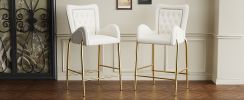 28.75inch Counter Height Bar Stools Set of 2, Bar Height Arm Chairs, Velvet Fabric Stools with Golden Legs and Footrests, White