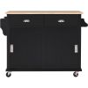 Kitchen Cart with Rubber wood Drop-Leaf Countertop, Concealed sliding barn door adjustable height