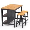 3 PCS Dining Table Set Rustic Retro Breakfast Table Dining Stools RubberWood for 2 with Two Open Shelves for Small Space Kitchen Dining Room (=W691656