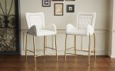 28.75inch Counter Height Bar Stools Set of 2, Bar Height Arm Chairs, Velvet Fabric Stools with Golden Legs and Footrests, White